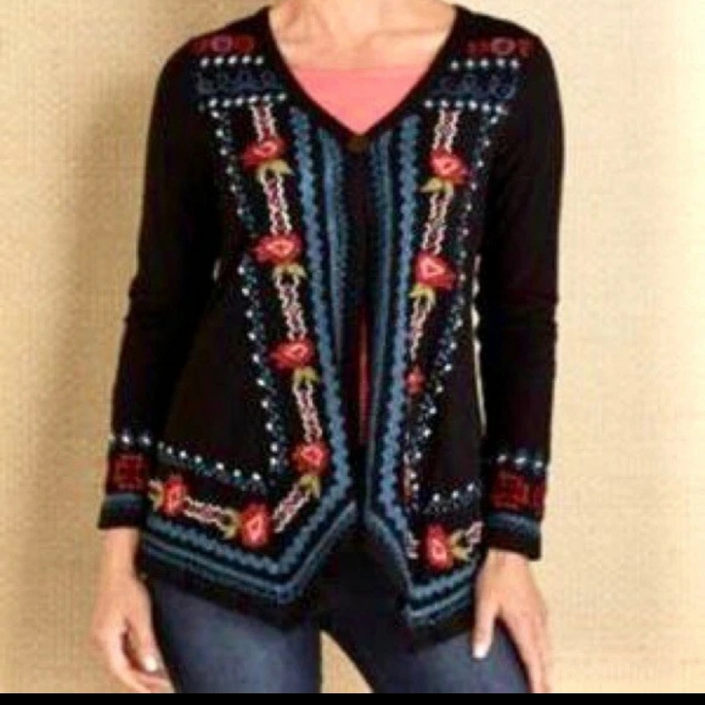 Soft Surroundings Embroidered Boho Grandma Cardigan Women Single Button Front M